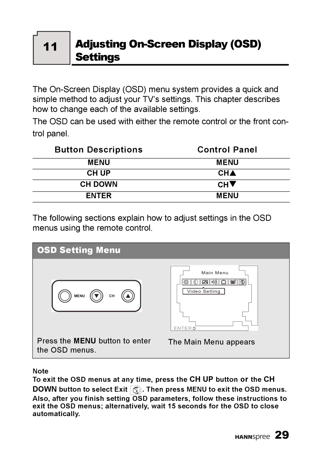 HANNspree F660-10A1 manual Adjusting On-Screen Display OSD Settings, Button Descriptions Control Panel 