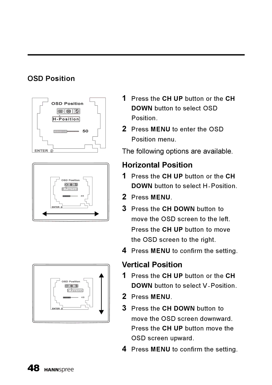 HANNspree F660-10A1 manual Horizontal Position, OSD Position 