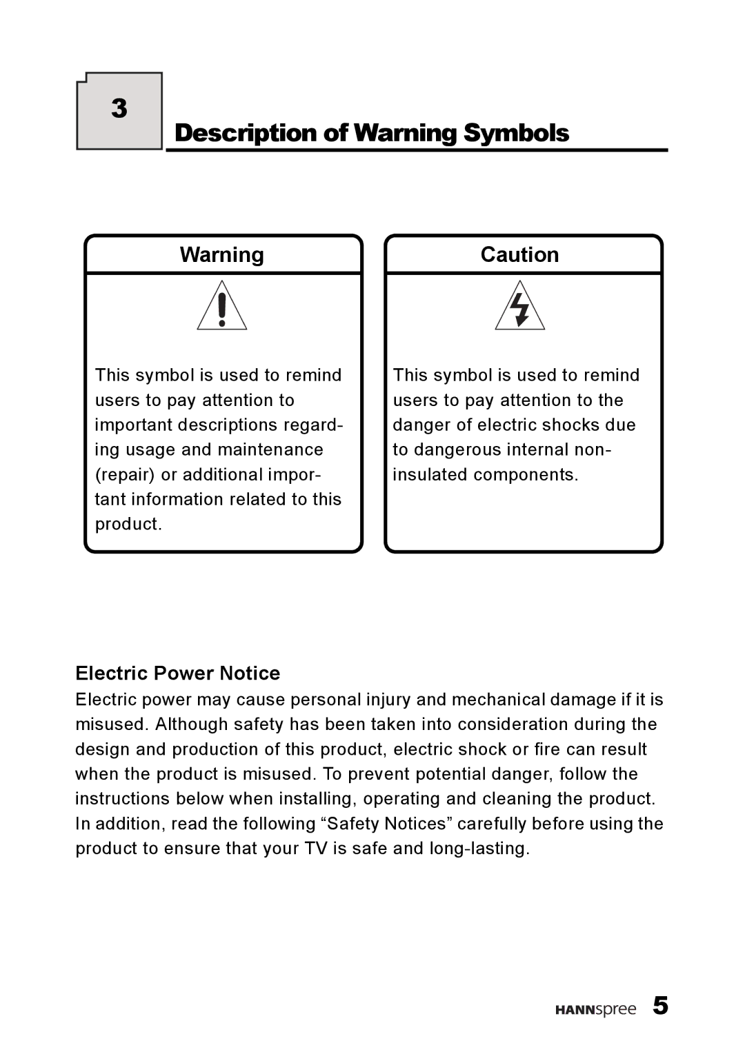 HANNspree F660-10A1 manual Description of Warning Symbols, Electric Power Notice 