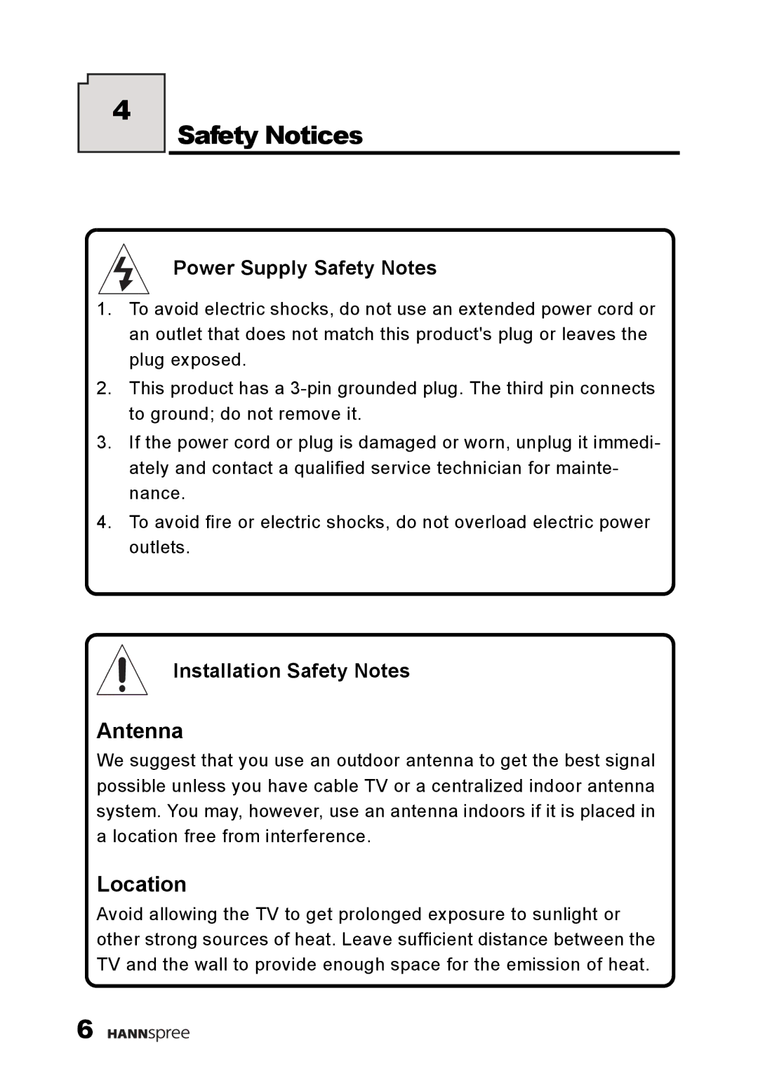 HANNspree F660-10A1 manual Safety Notices, Power Supply Safety Notes, Installation Safety Notes 