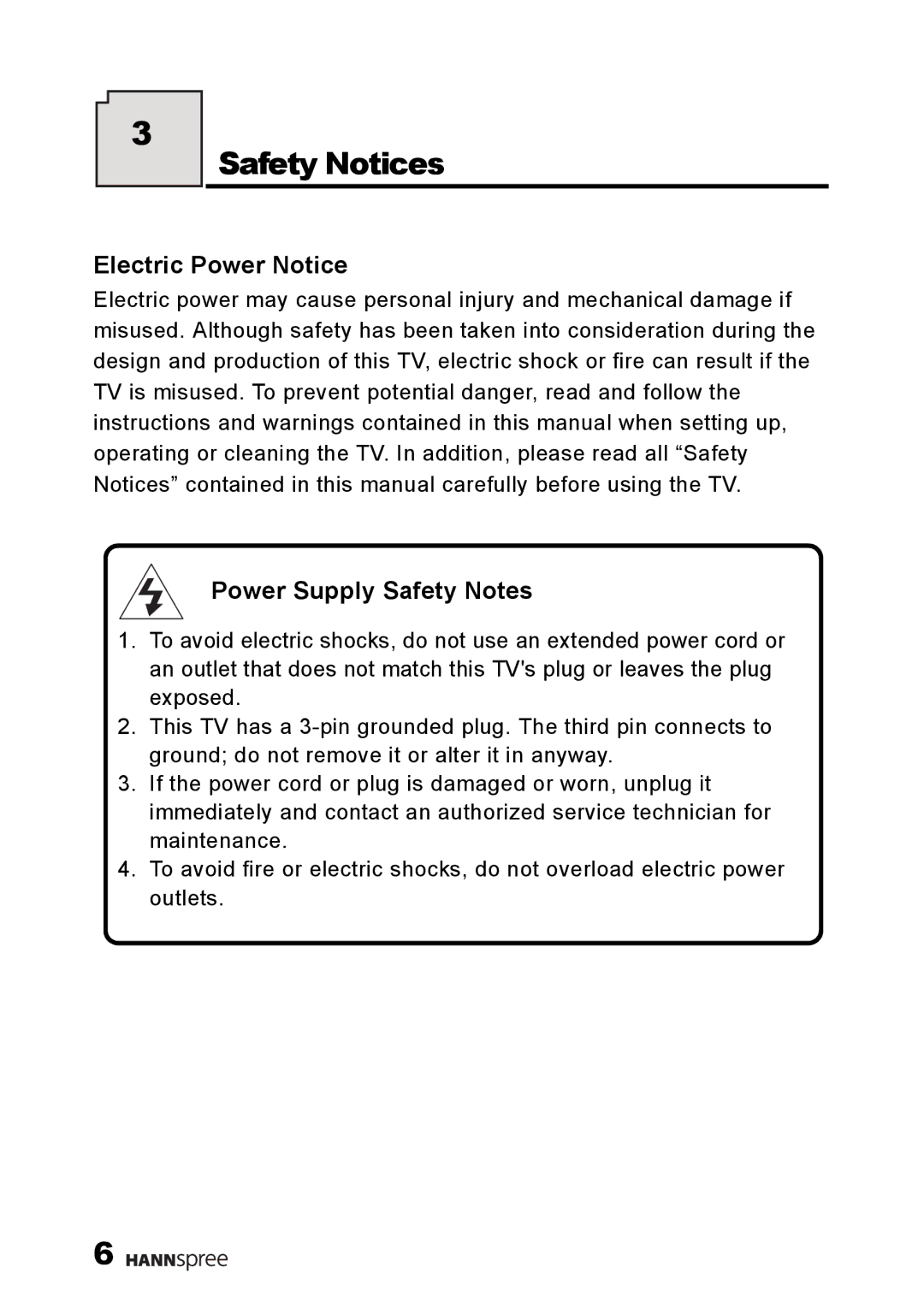 HANNspree HANNShelicopter user manual Electric Power Notice, Power Supply Safety Notes 