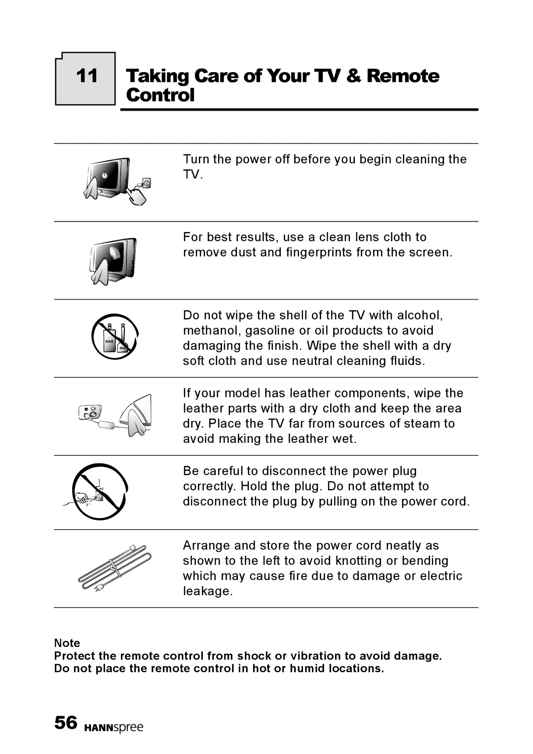 HANNspree HANNSrobby user manual Taking Care of Your TV & Remote Control 