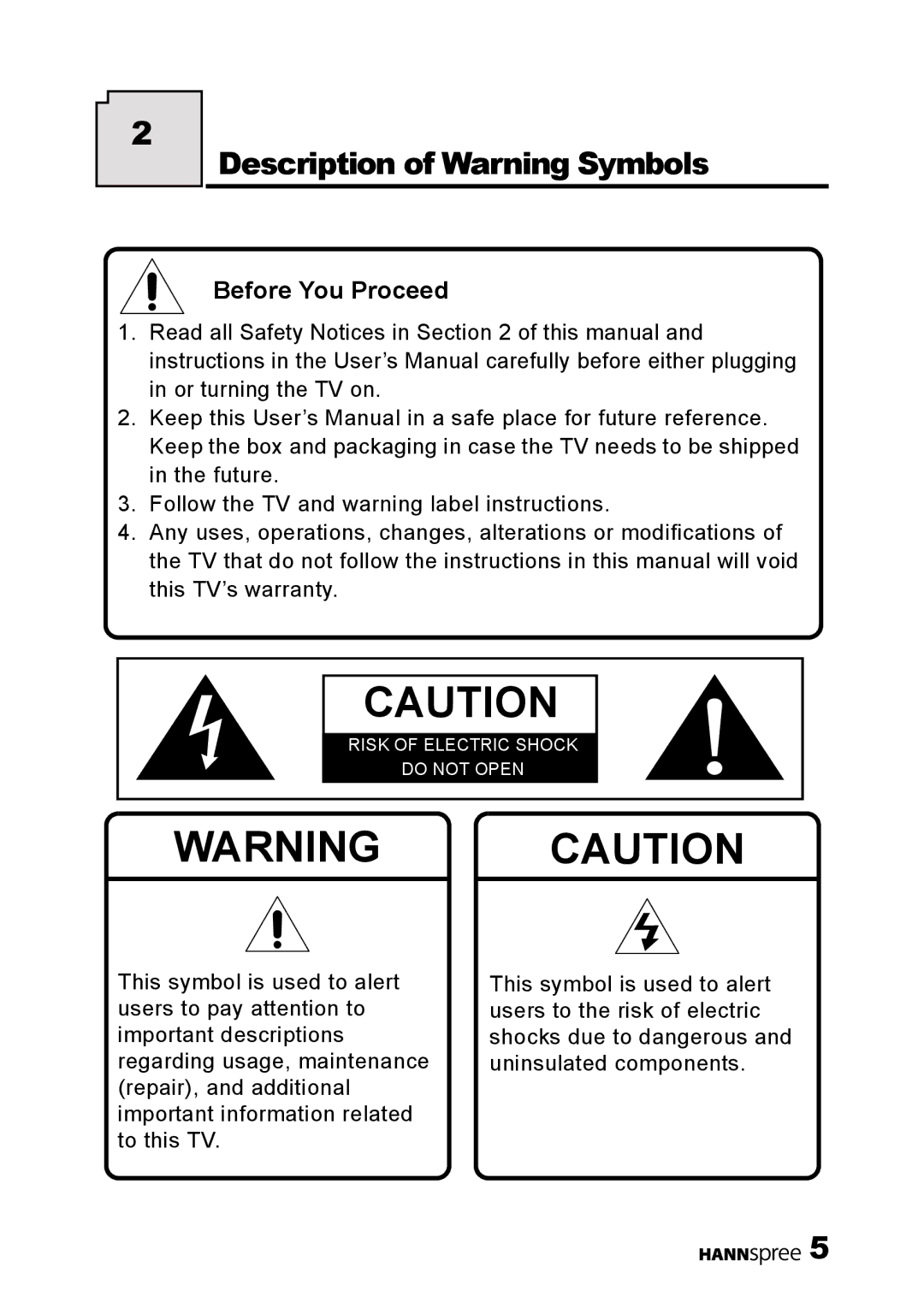 HANNspree HANNSz.crab user manual Description of Warning Symbols, Before You Proceed 