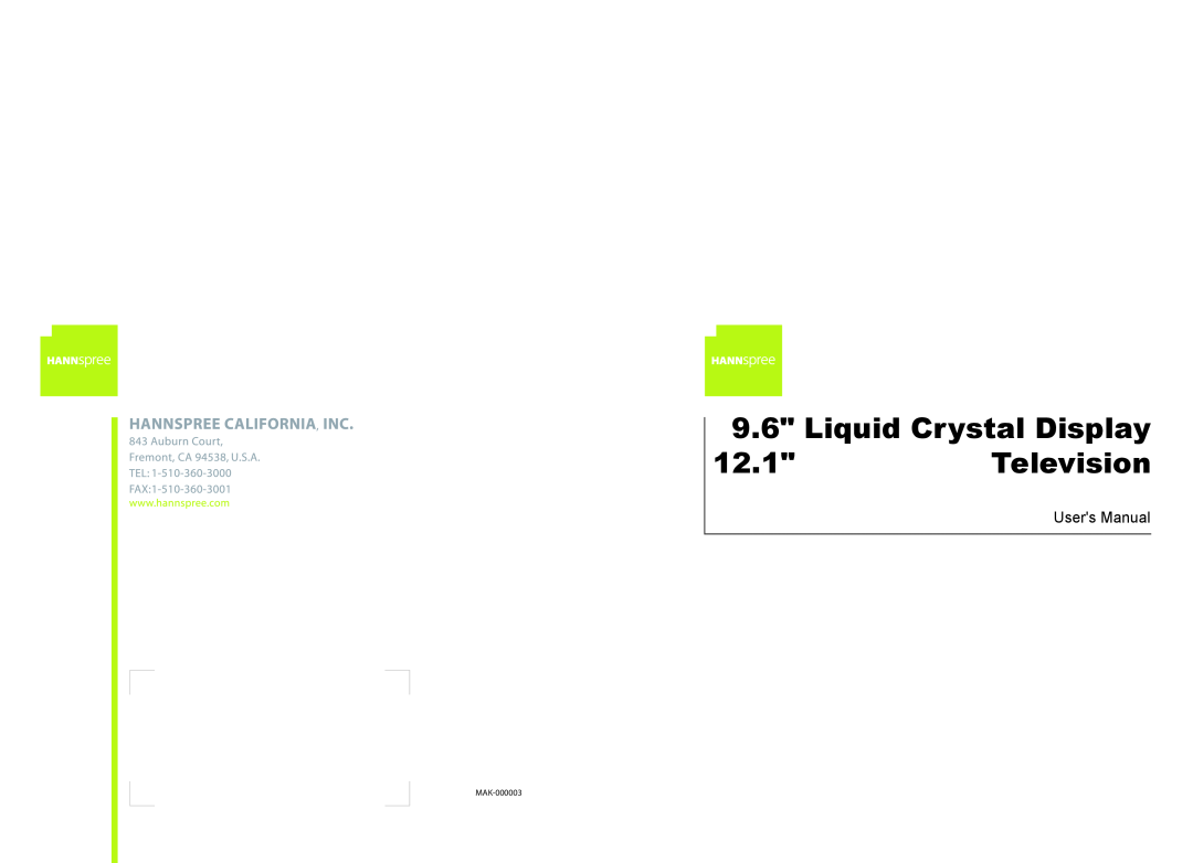 HANNspree HANNSz.crab user manual Liquid Crystal Display 12.1Television, Users Manual, MAK-000003 