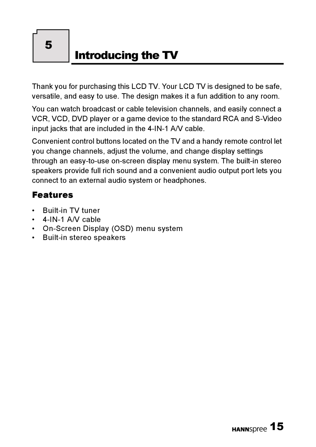 HANNspree HANNSz.crab user manual Introducing the TV, Features 