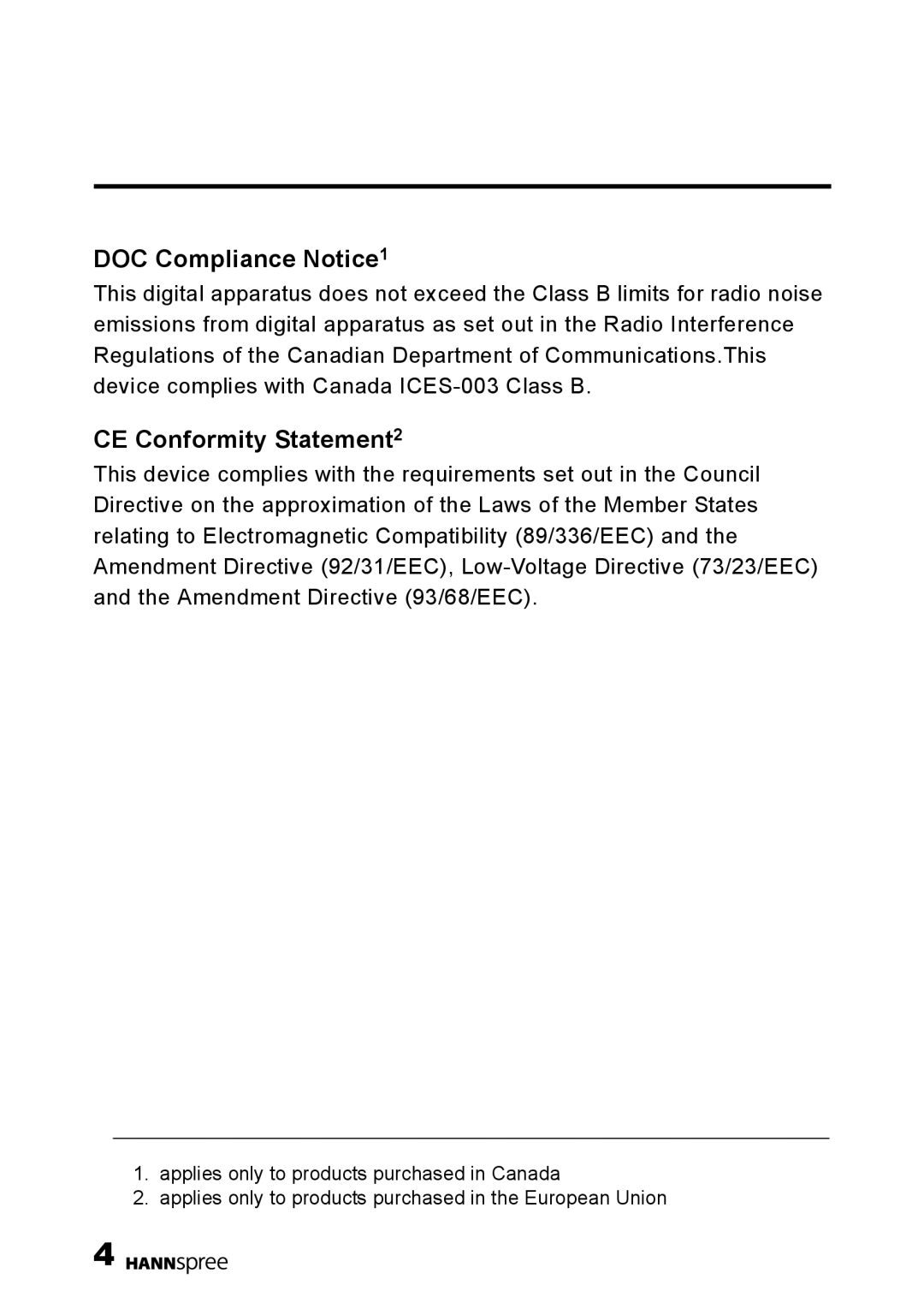 HANNspree HANNSz.crab DOC Compliance Notice1, CE Conformity Statement2, applies only to products purchased in Canada 