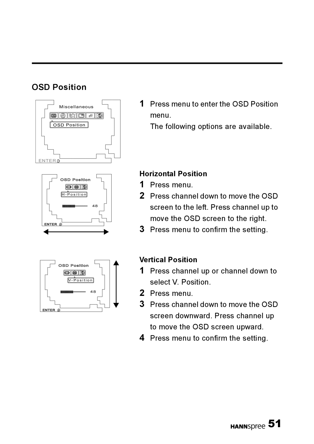 HANNspree HANNSz.crab user manual OSD Position, Horizontal Position, Vertical Position 
