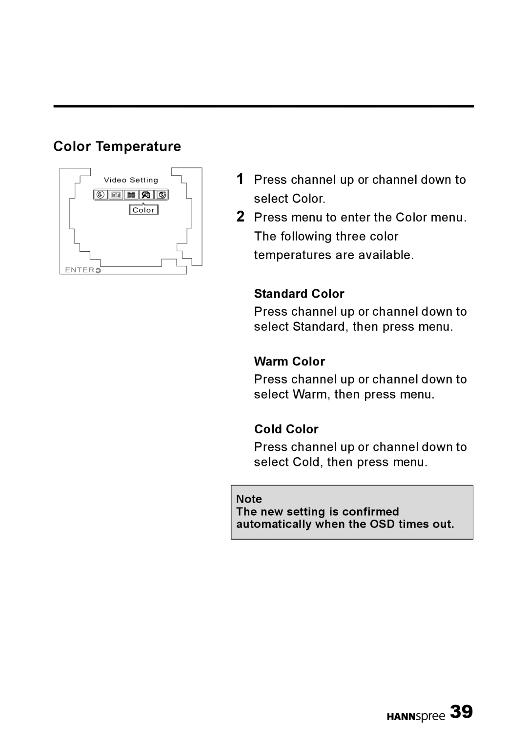 HANNspree HANNSz.zebra user manual Color Temperature, Standard Color, Warm Color, Cold Color 