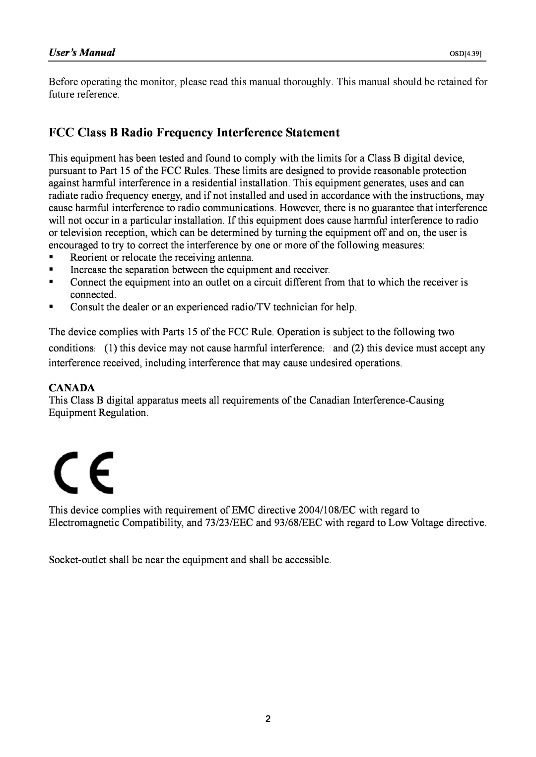 HANNspree HF205 manual FCC Class B Radio Frequency Interference Statement, User’s Manual, Canada 