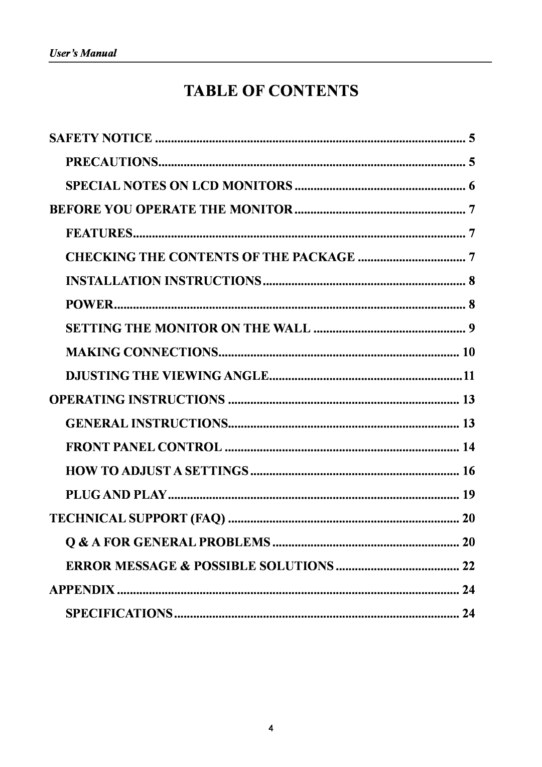 HANNspree HF205 manual Table Of Contents, Error Message & Possible Solutions 