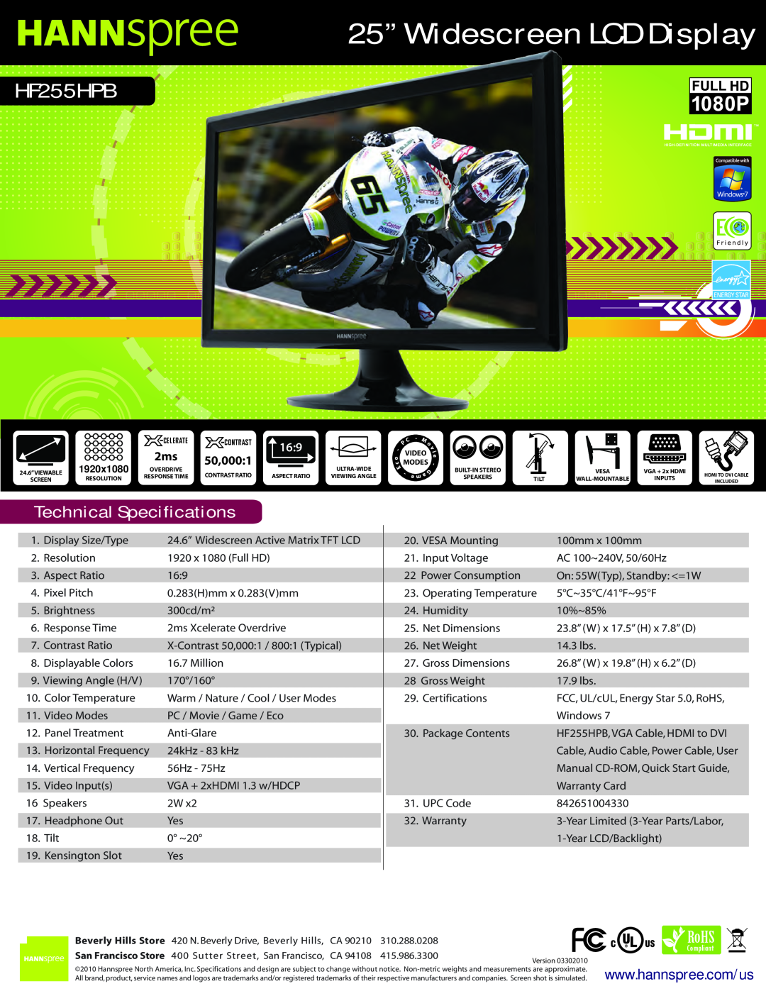 HANNspree HF225DPB technical specifications 25” Widescreen LCD Display, HF255HPBHF22D, Technical Specifications, 50,0001 