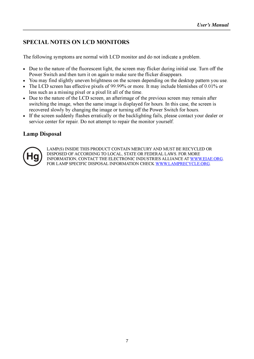 HANNspree HF257 manual Special Notes on LCD Monitors 