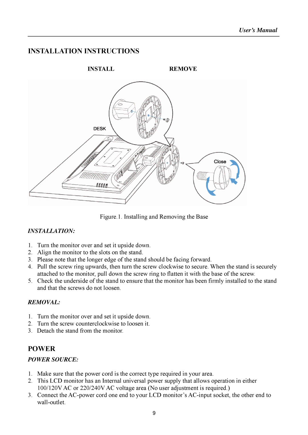 HANNspree HF257 manual Installation Instructions, Power 