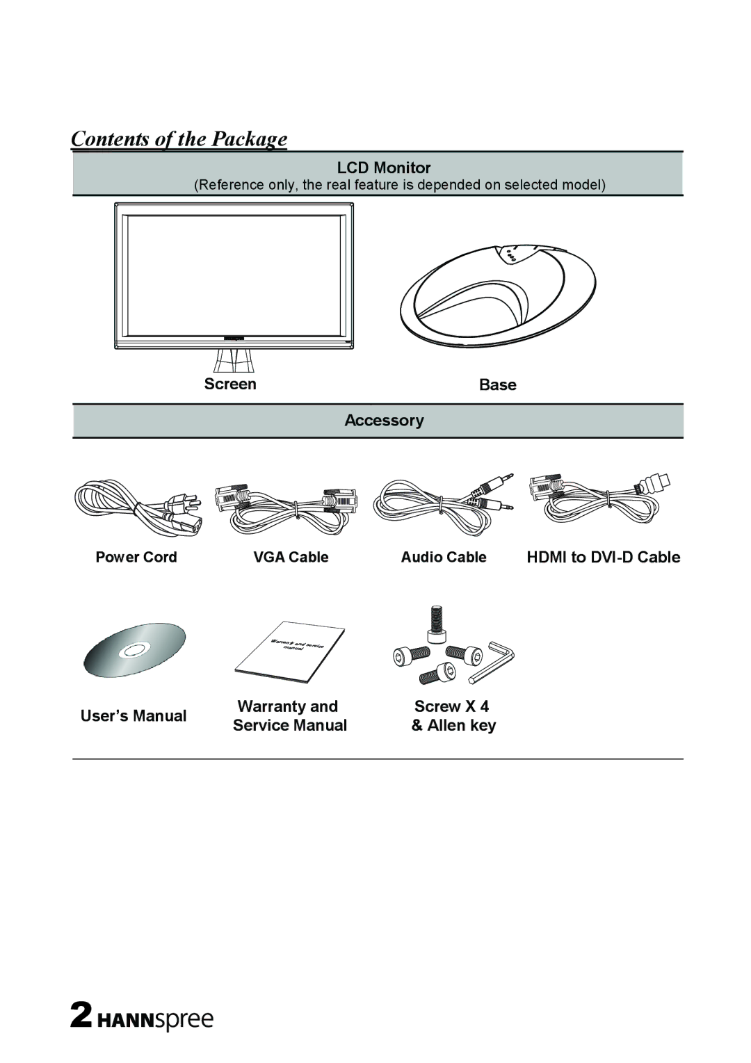 HANNspree HF259H manual Contents of the Package 