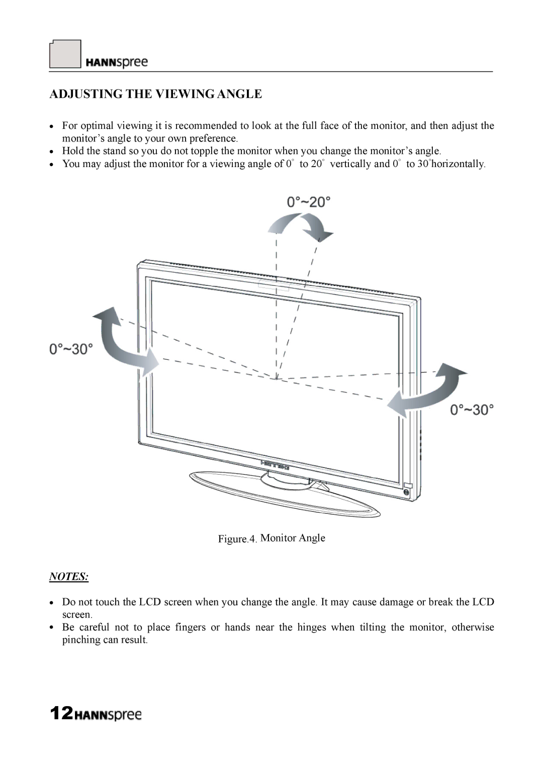 HANNspree HF289 manual Adjusting the Viewing Angle 