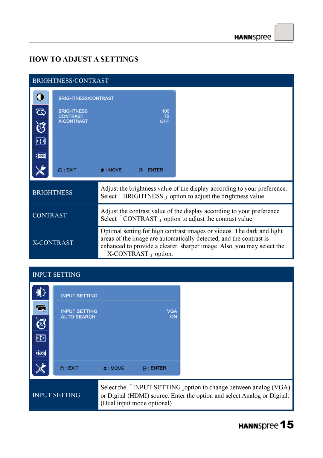 HANNspree HF289 manual HOW to Adjust a Settings, BRIGHTNESS/CONTRAST Brightness Contrast 