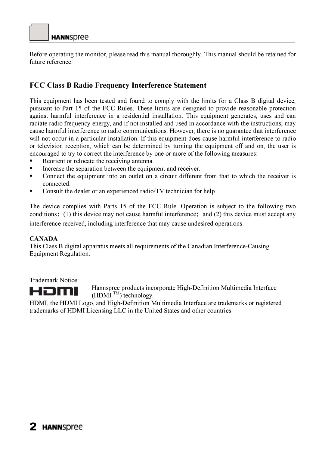 HANNspree HF289 manual FCC Class B Radio Frequency Interference Statement, Canada 