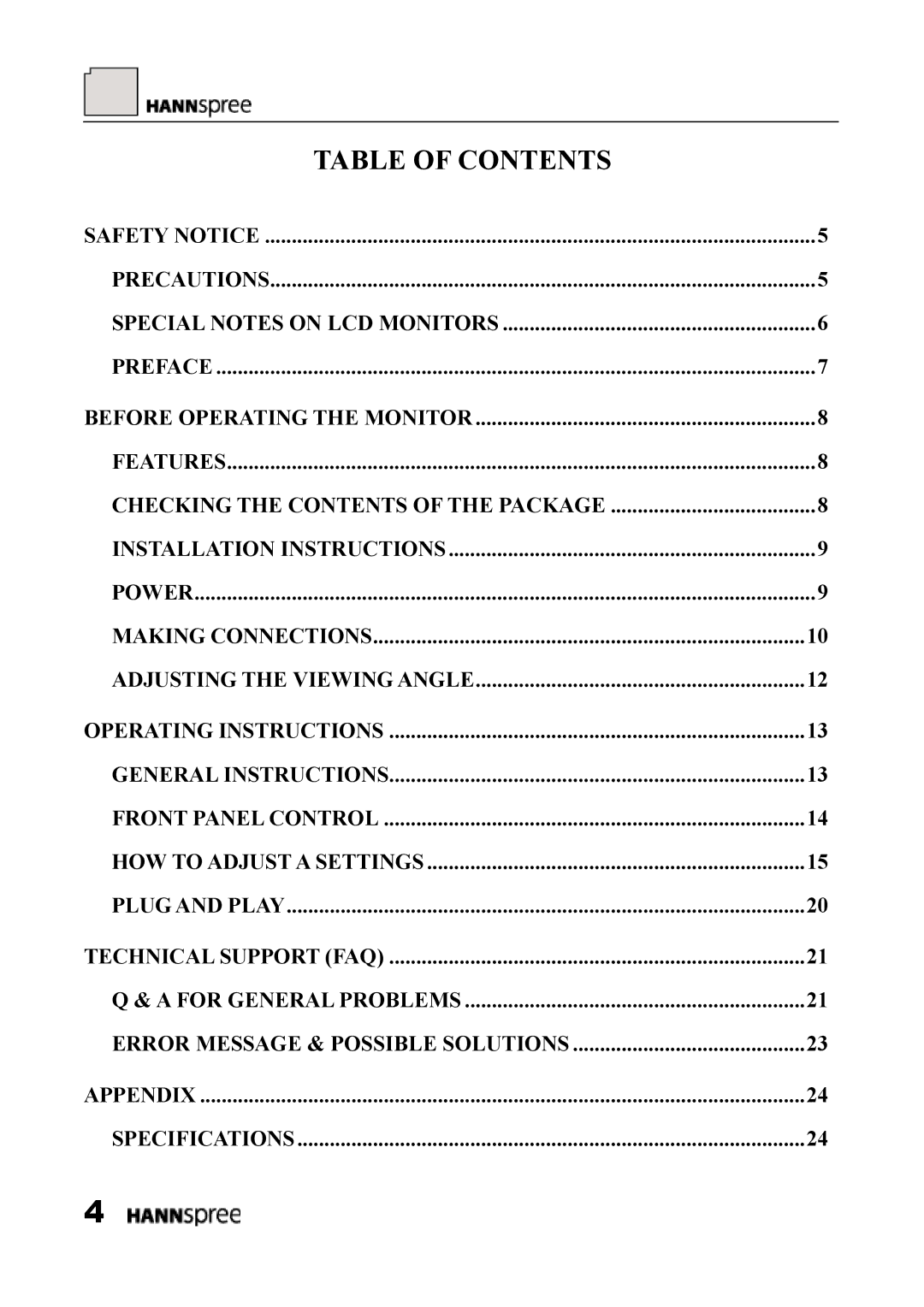 HANNspree HF289 manual Table of Contents 