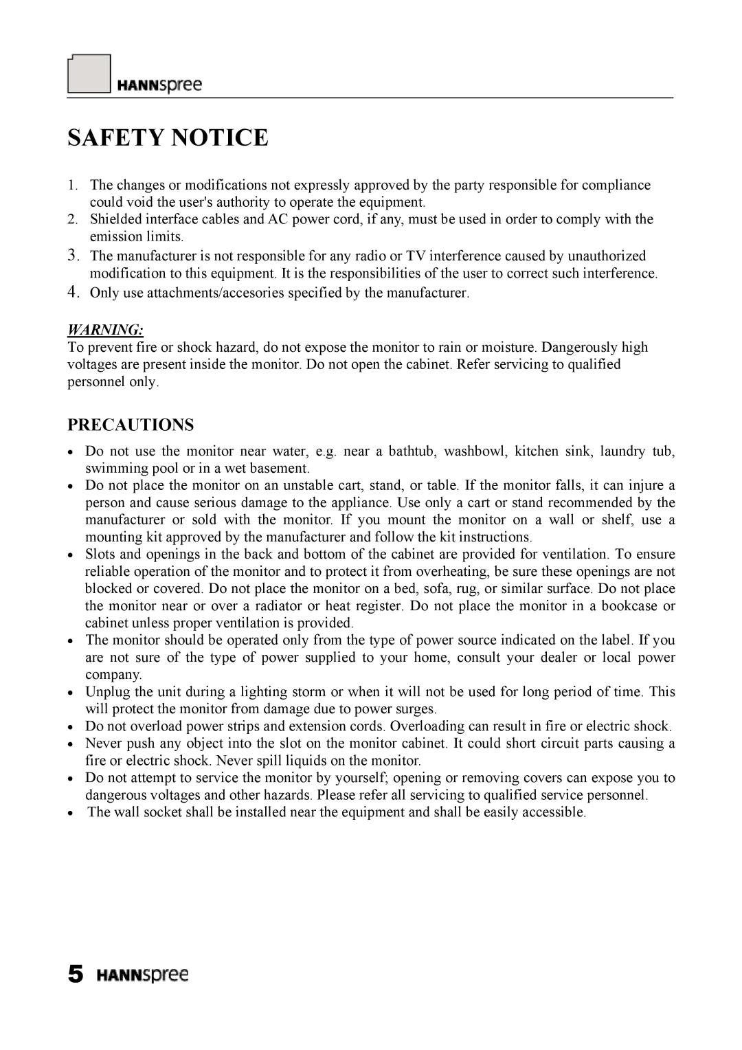 HANNspree HF289 manual Safety Notice, Precautions 