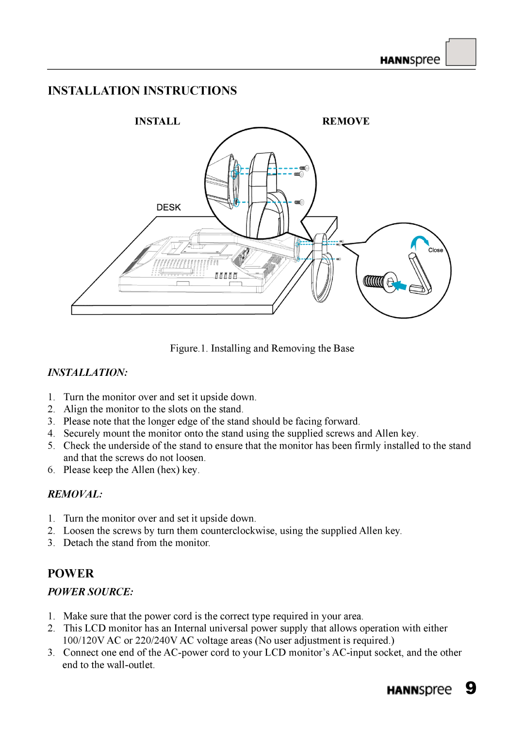 HANNspree HF289 manual Installation Instructions, Power, Install Remove 