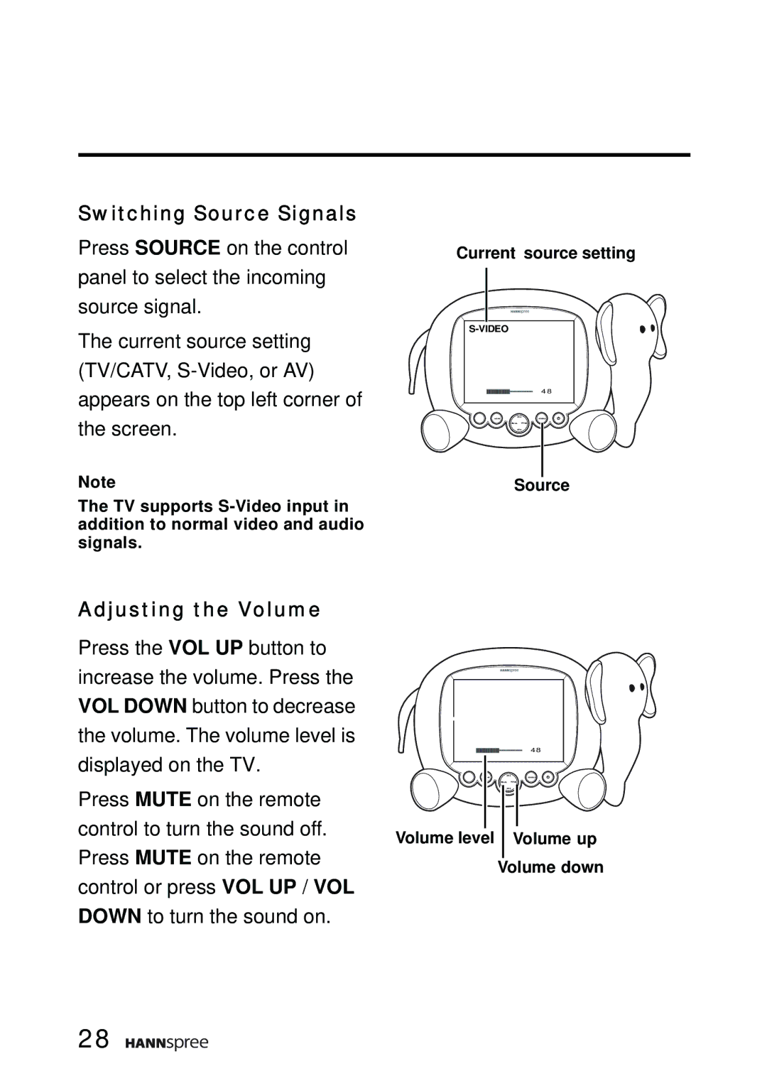 HANNspree K206-10A1 user manual Switching Source Signals, Adjusting the Volume 