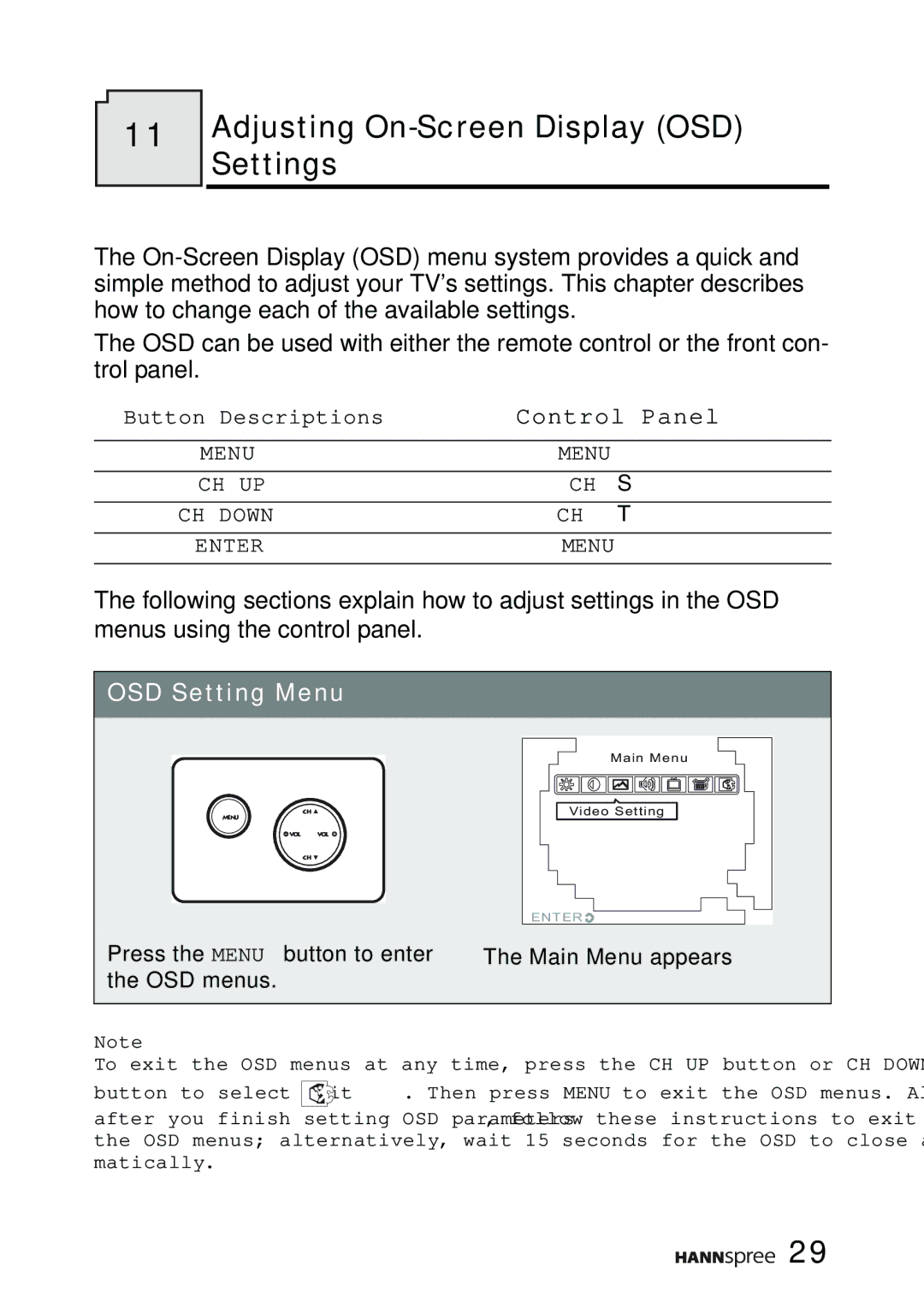 HANNspree K206-10A1 user manual Adjusting On-Screen Display OSD Settings, Control Panel 