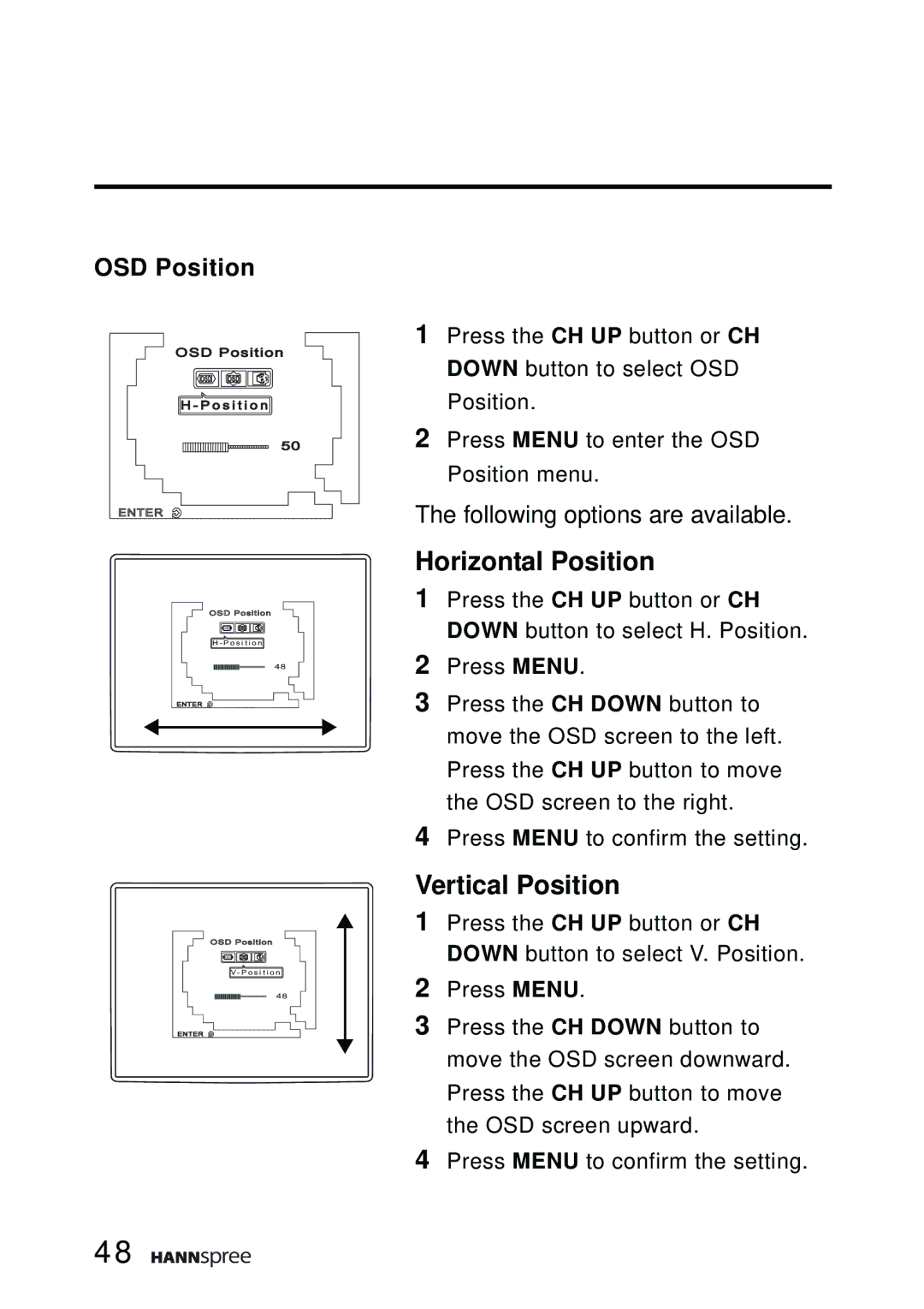 HANNspree K206-10A1 user manual Horizontal Position, OSD Position 