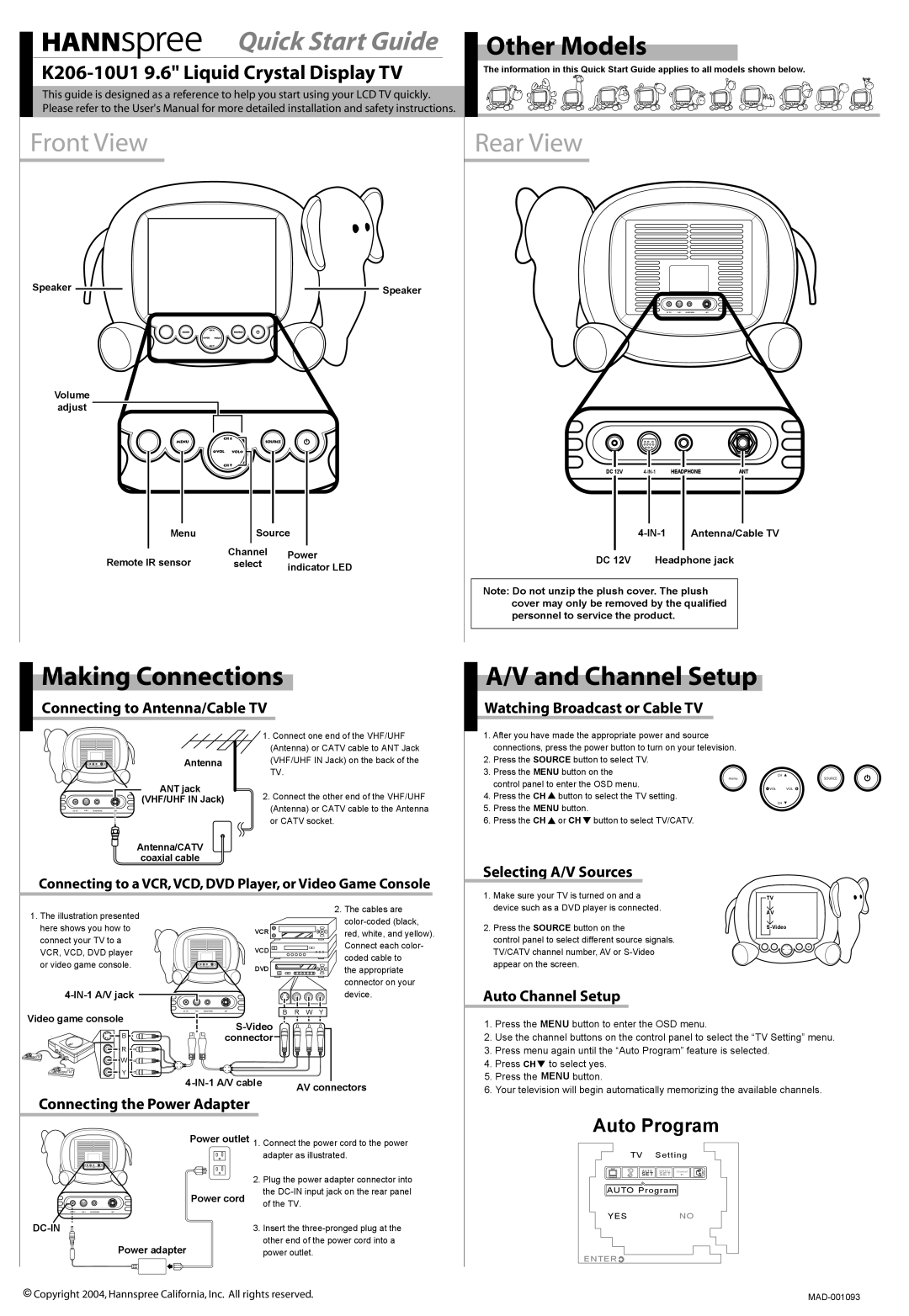 HANNspree K206-10U1 quick start Other Models, Making Connections, Channel Setup 