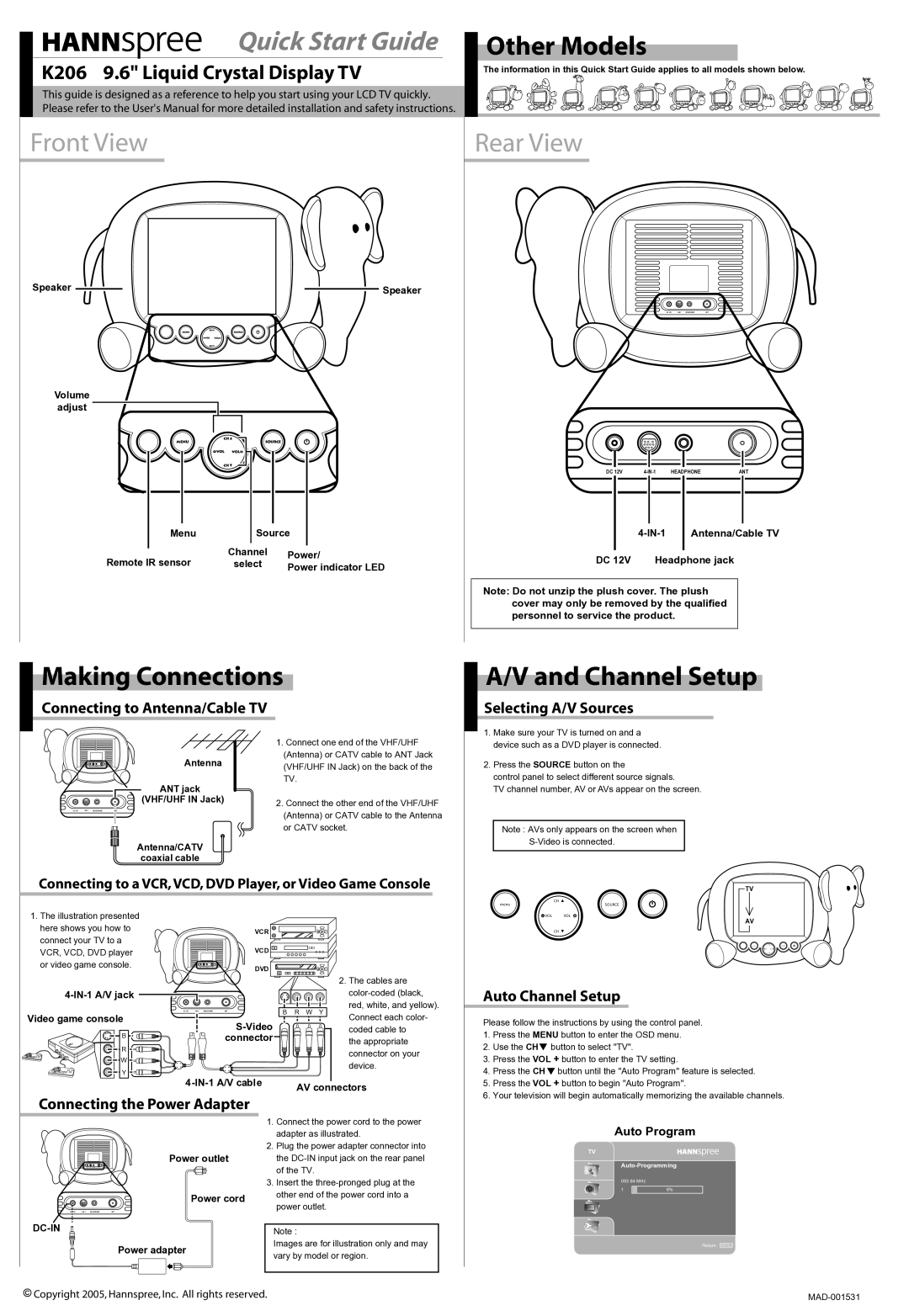 HANNspree K206 quick start Other Models, Making Connections, Channel Setup 