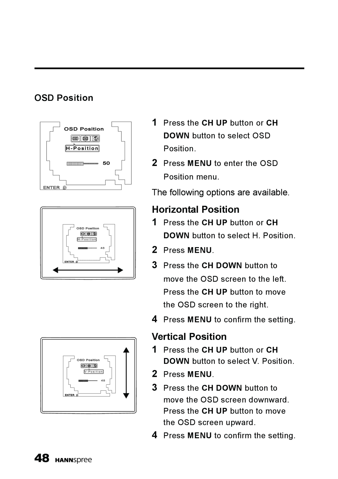 HANNspree K209-10A1 manual Horizontal Position, OSD Position 