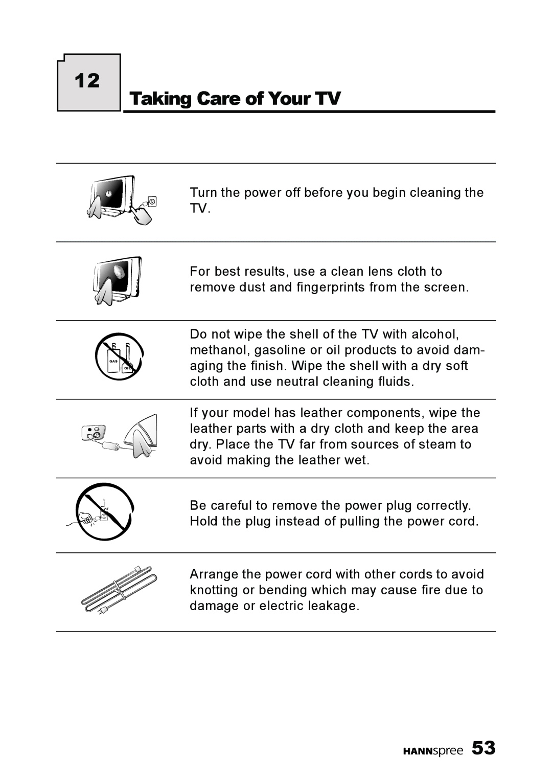 HANNspree K209-10A1 manual Taking Care of Your TV 