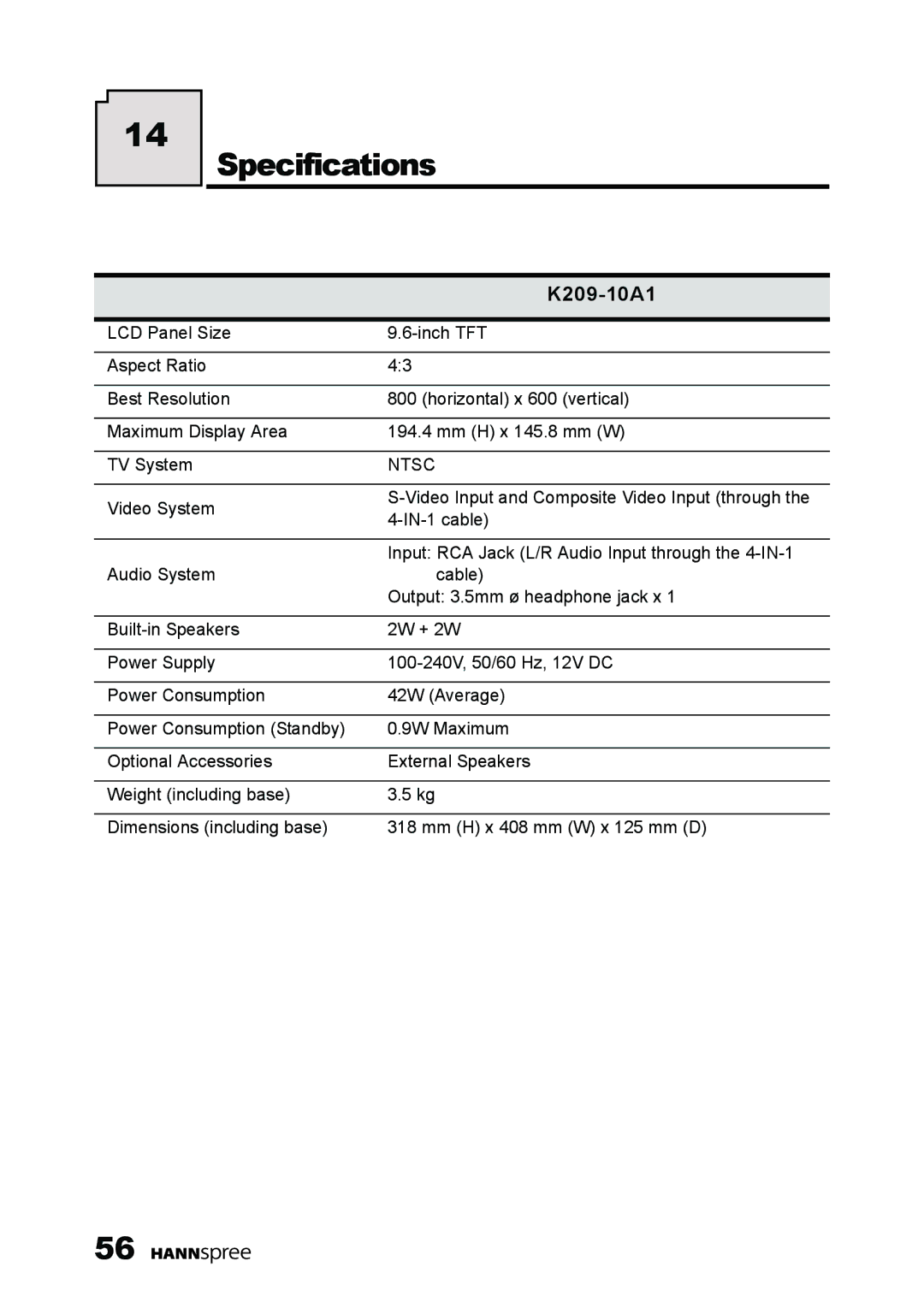 HANNspree K209-10A1 manual Specifications 