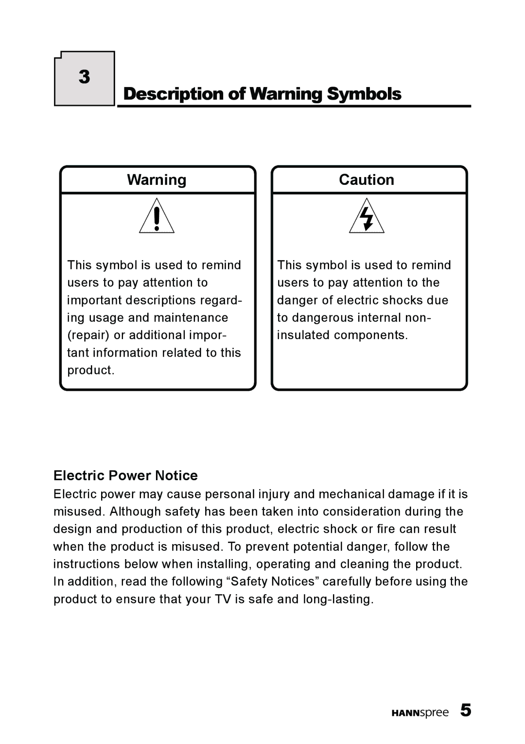 HANNspree K209-10A1 manual Description of Warning Symbols, Electric Power Notice 