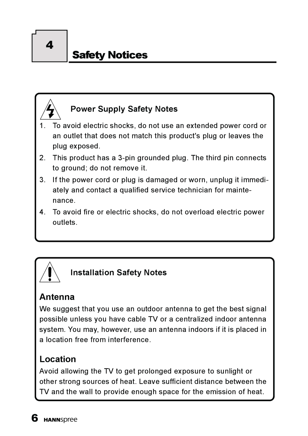 HANNspree K209-10A1 manual Safety Notices, Power Supply Safety Notes, Installation Safety Notes 