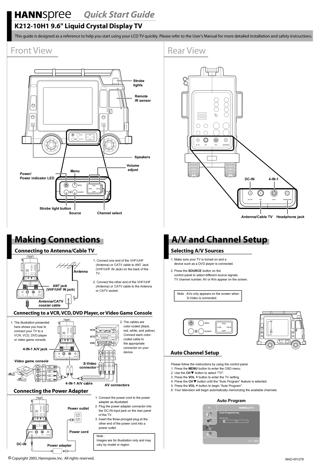 HANNspree K212-10H1 quick start Connecting to Antenna/Cable TV, Selecting A/V Sources, Auto Channel Setup 