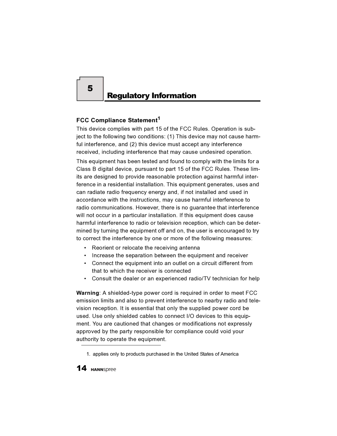 HANNspree K215-10A1 user manual Regulatory Information, FCC Compliance Statement1 