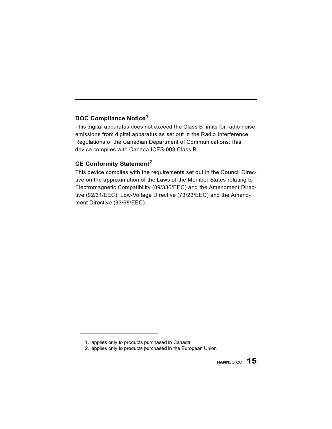 HANNspree K215-10A1 user manual DOC Compliance Notice1, CE Conformity Statement2 