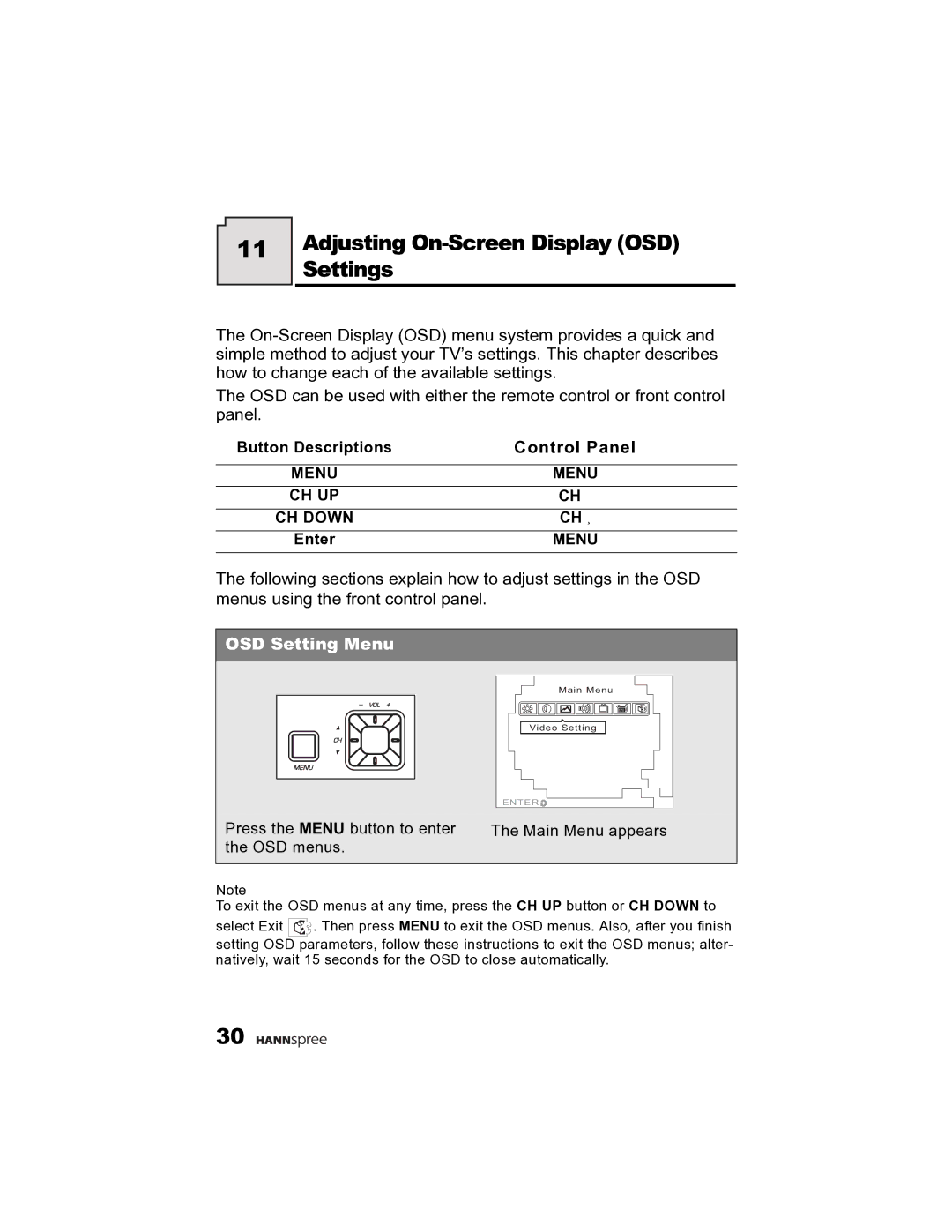 HANNspree K215-10A1 user manual Adjusting On-Screen Display OSD Settings, Control Panel 