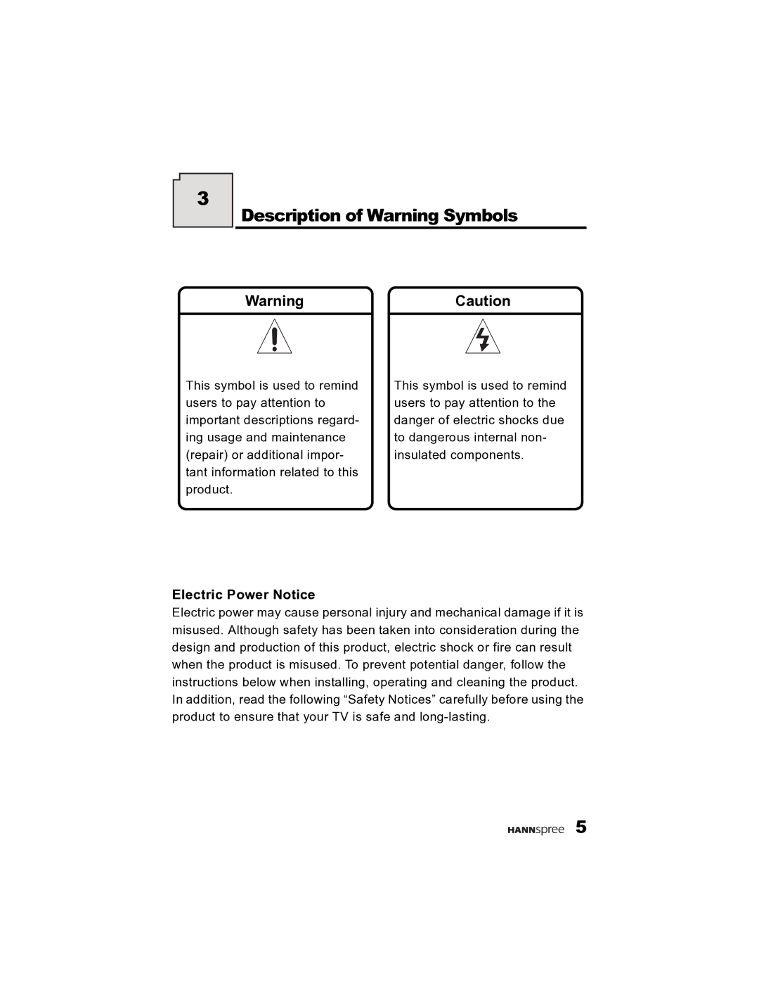 HANNspree K215-10A1 user manual Description of Warning Symbols, Electric Power Notice 