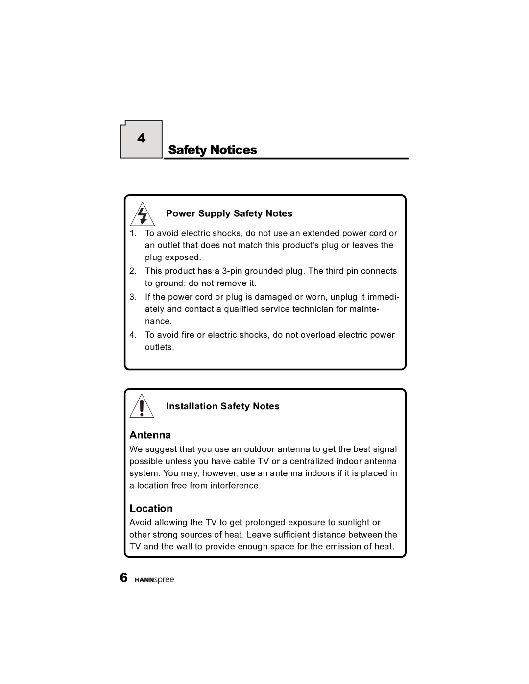 HANNspree K215-10A1 user manual Safety Notices, Power Supply Safety Notes, Installation Safety Notes 