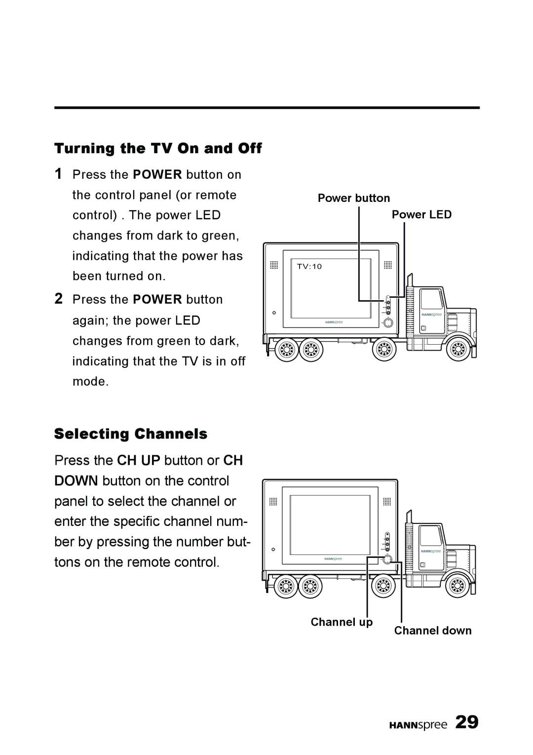 HANNspree K223-10A1 user manual Turning the TV On and Off, Selecting Channels 