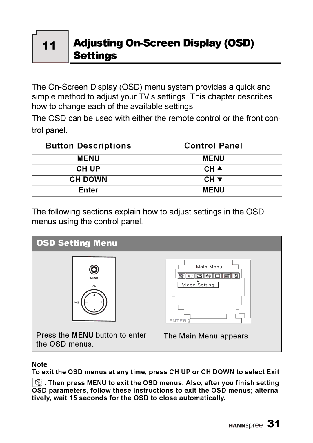 HANNspree K223-10A1 user manual Adjusting On-Screen Display OSD Settings, Button Descriptions Control Panel 