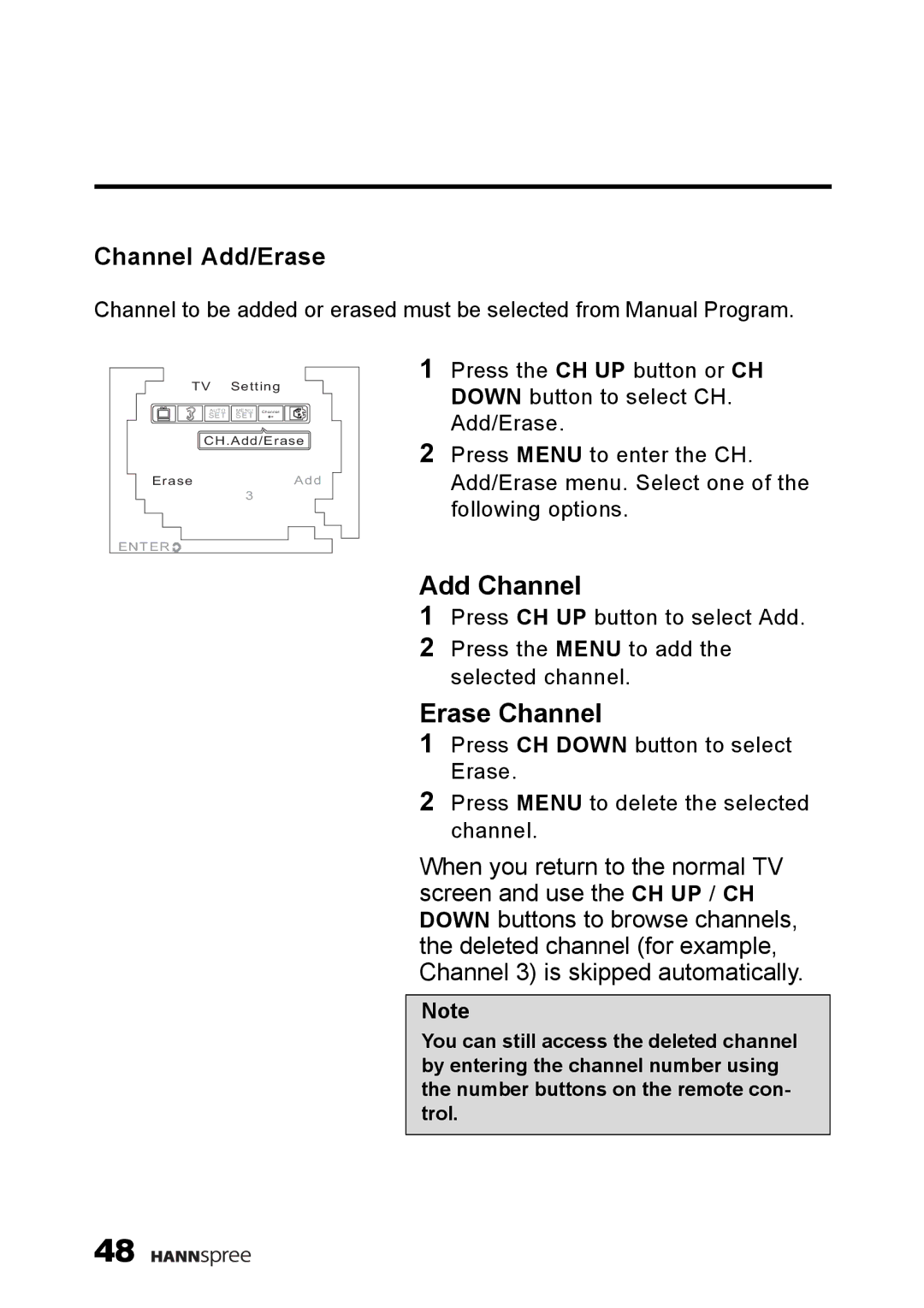 HANNspree K223-10A1 user manual Erase Channel, Channel Add/Erase 