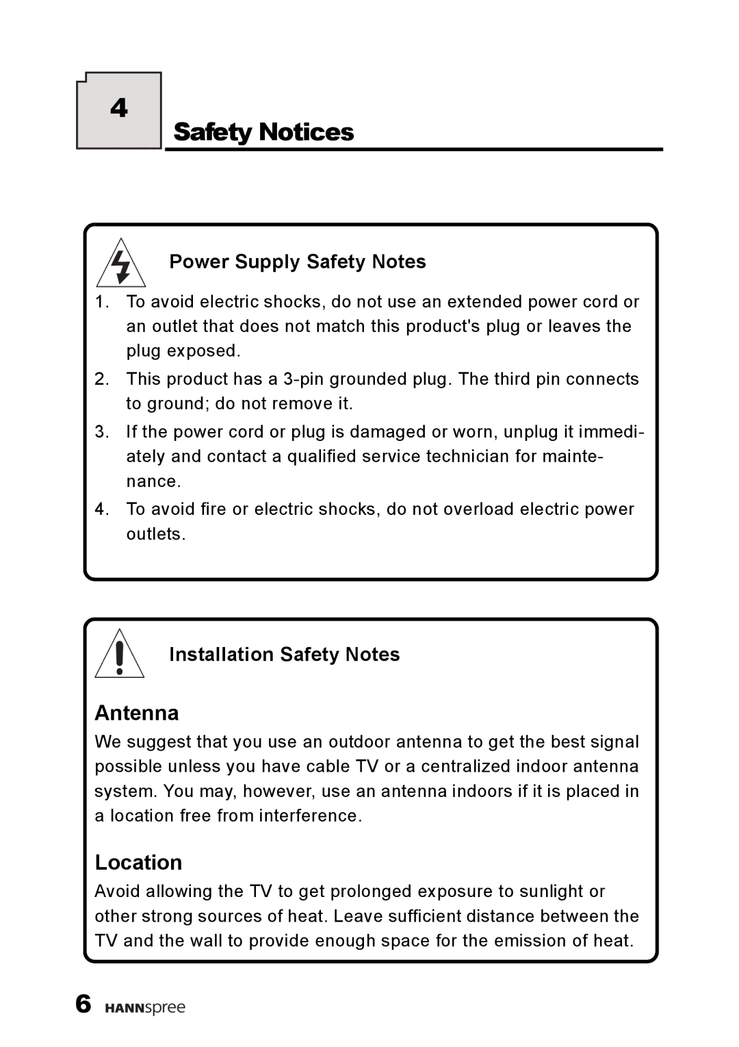 HANNspree K223-10A1 user manual Safety Notices, Power Supply Safety Notes, Installation Safety Notes 