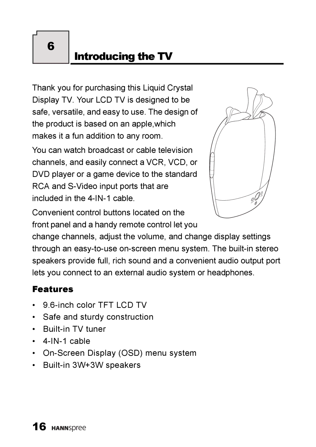 HANNspree K226-10A1 user manual Introducing the TV, Features 