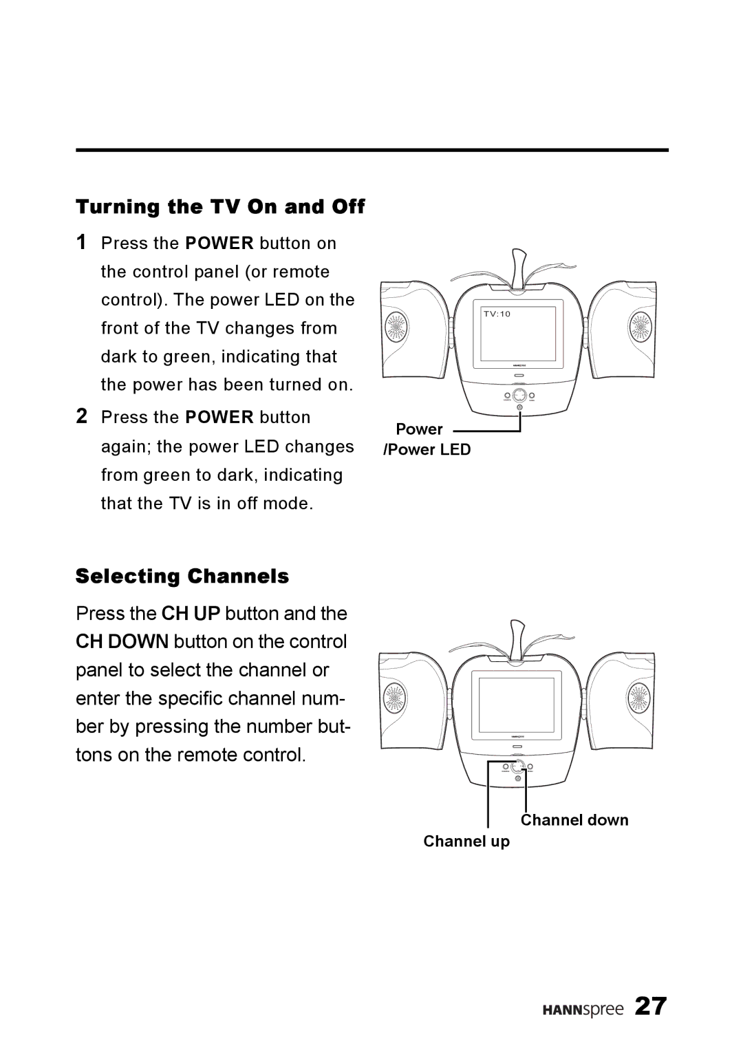 HANNspree K226-10A1 user manual Turning the TV On and Off, Selecting Channels 