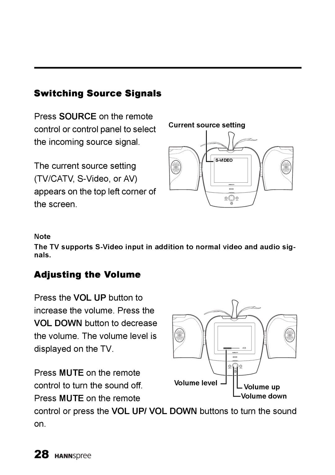 HANNspree K226-10A1 user manual Switching Source Signals, Adjusting the Volume 