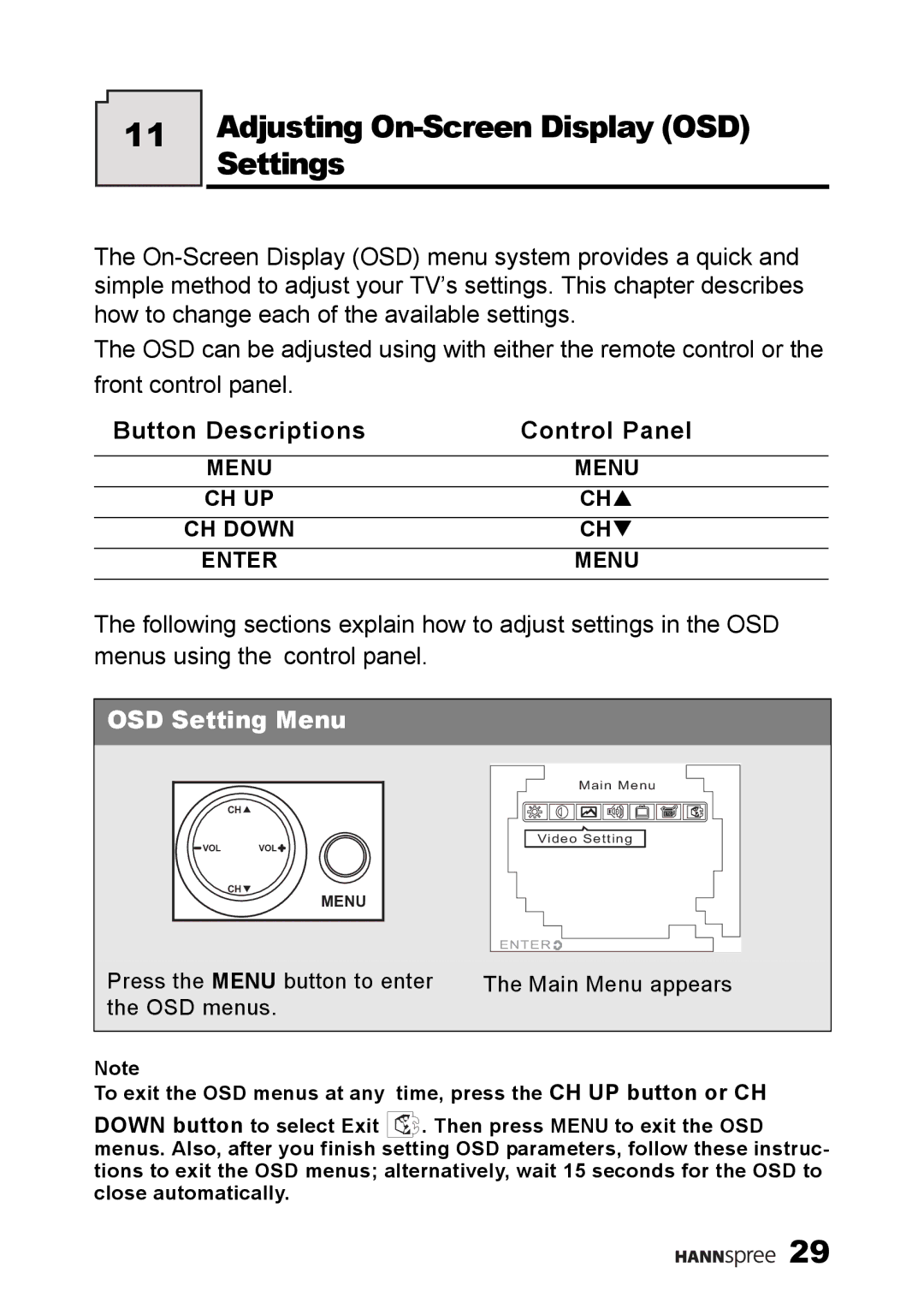 HANNspree K226-10A1 user manual Adjusting On-Screen Display OSD Settings, Button Descriptions Control Panel 