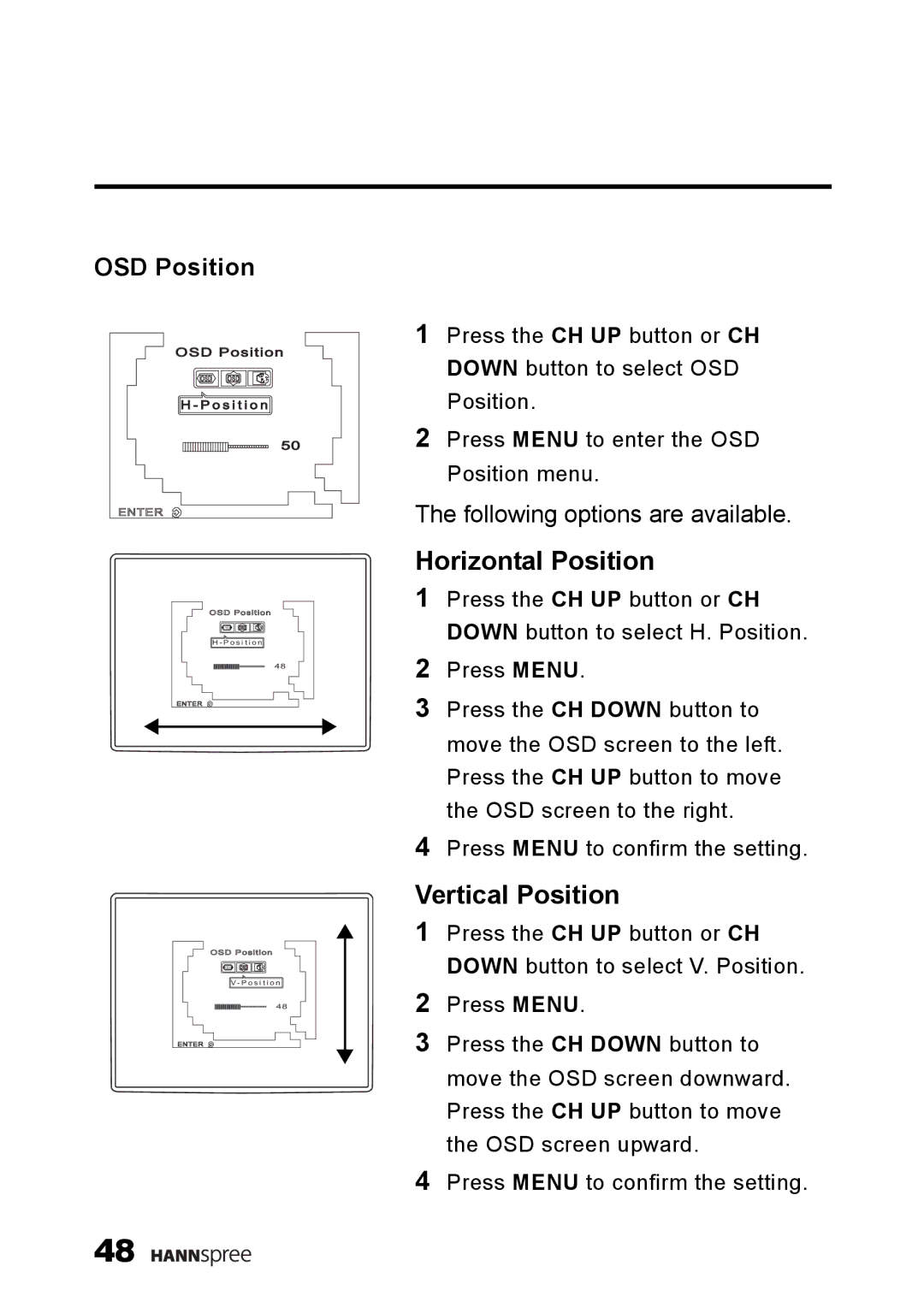 HANNspree K226-10A1 user manual Horizontal Position, OSD Position 