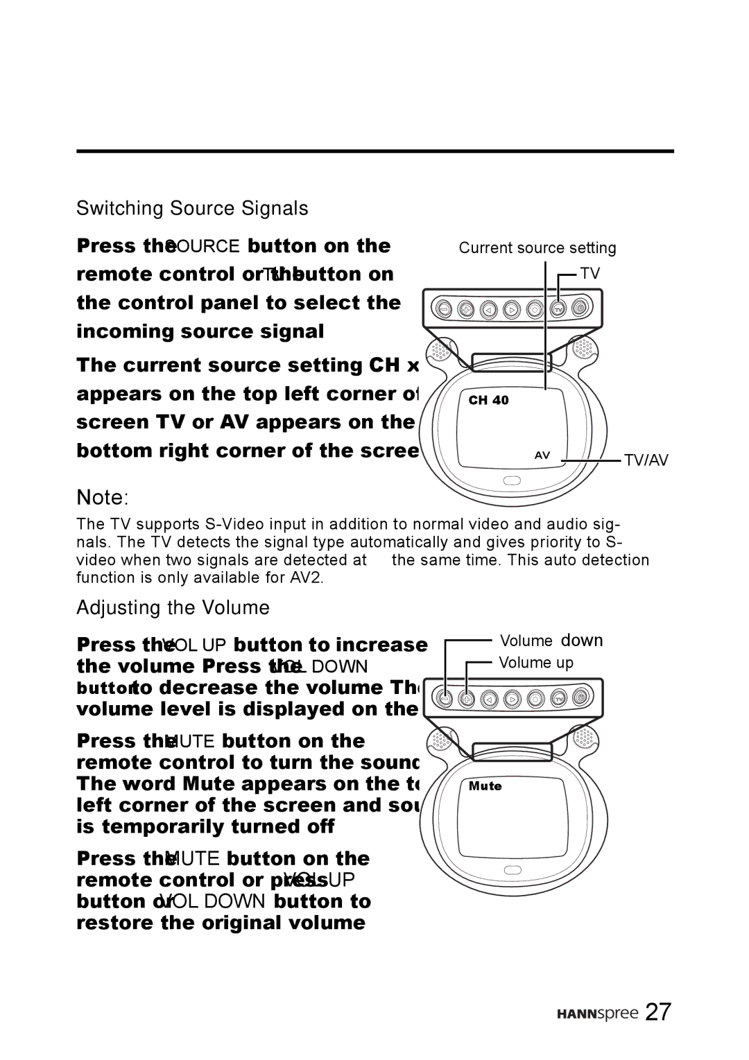 HANNspree LT01-10A1 user manual Switching Source Signals, Adjusting the Volume 